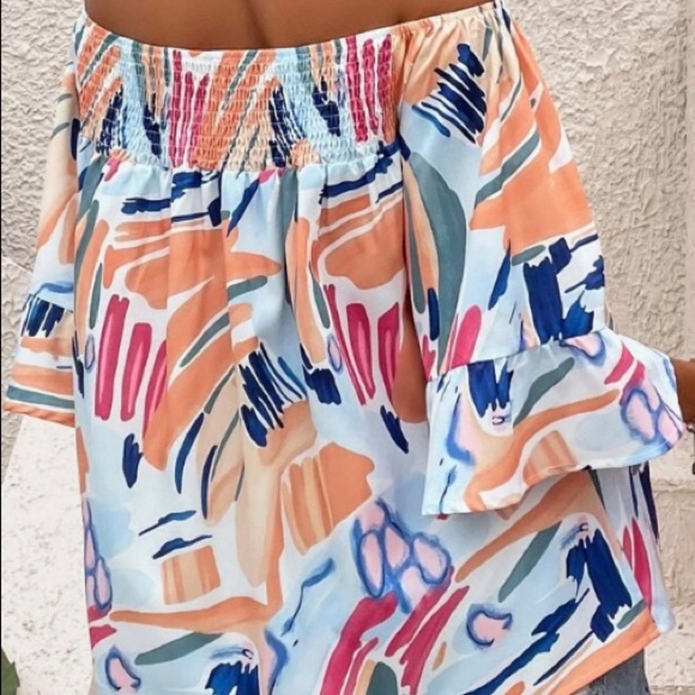 Oversized/Off the Shoulder: multi-color Bell sleeved blouse: size XL